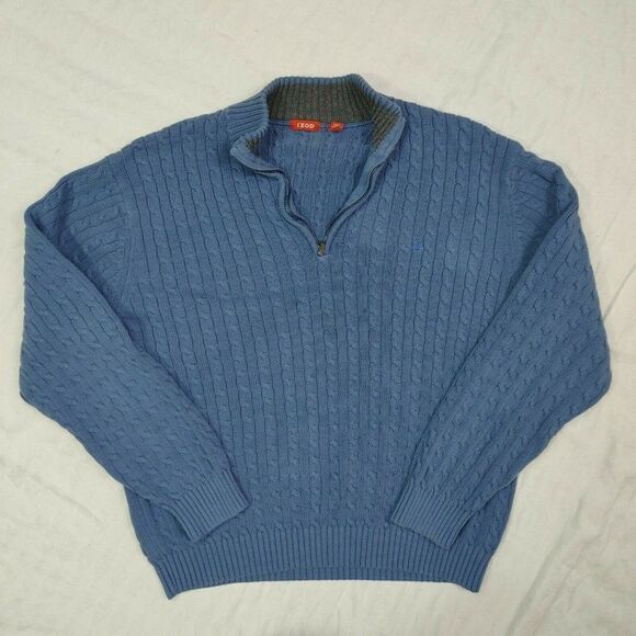 IZOD Cable Knit Pullover Sweater Men's XL Blue Quarter 1/4 Zip - Picture 1 of 8